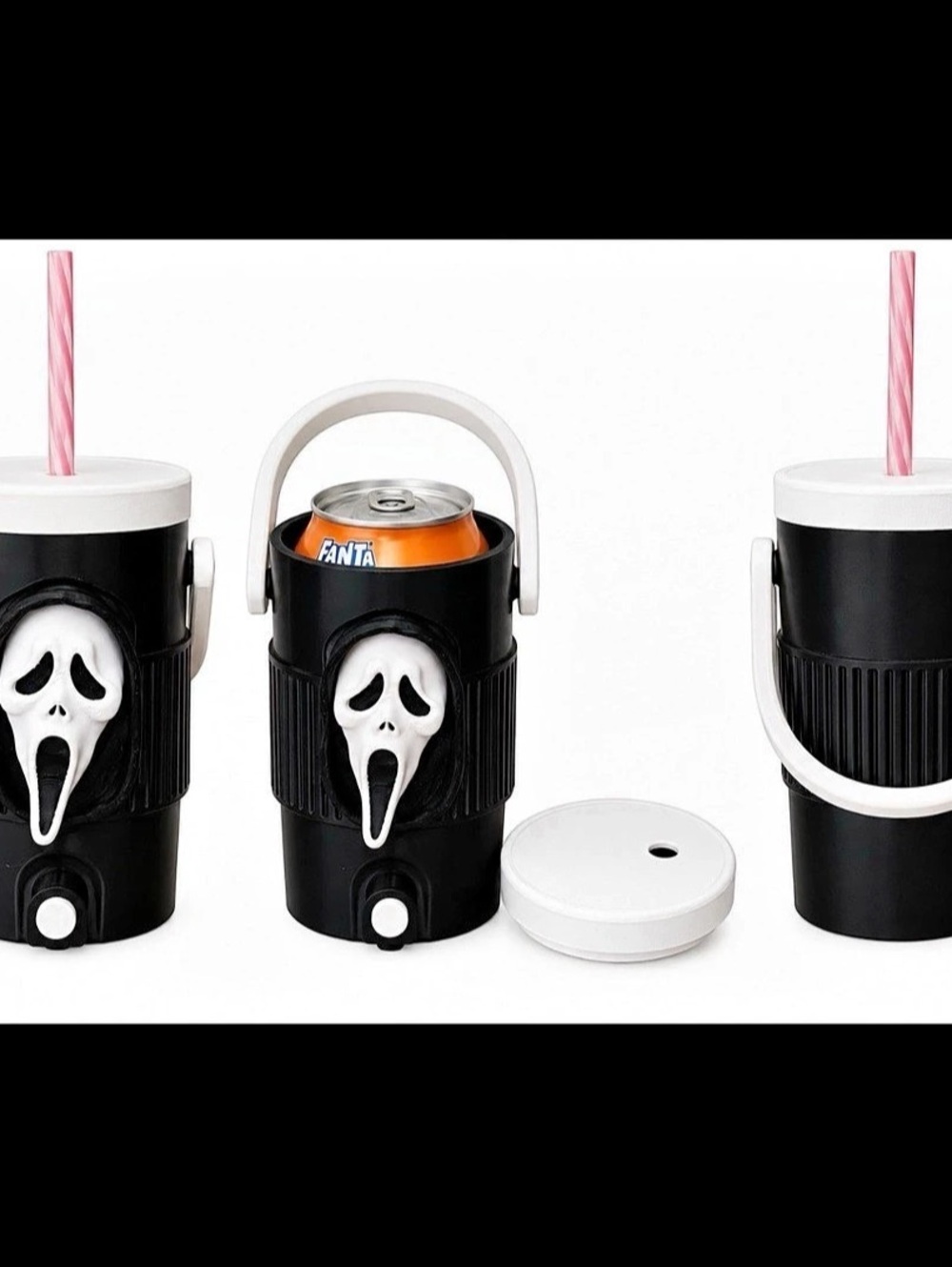 Scream Black & White Skull Drinkware 12oz beverage can holder w/ straw